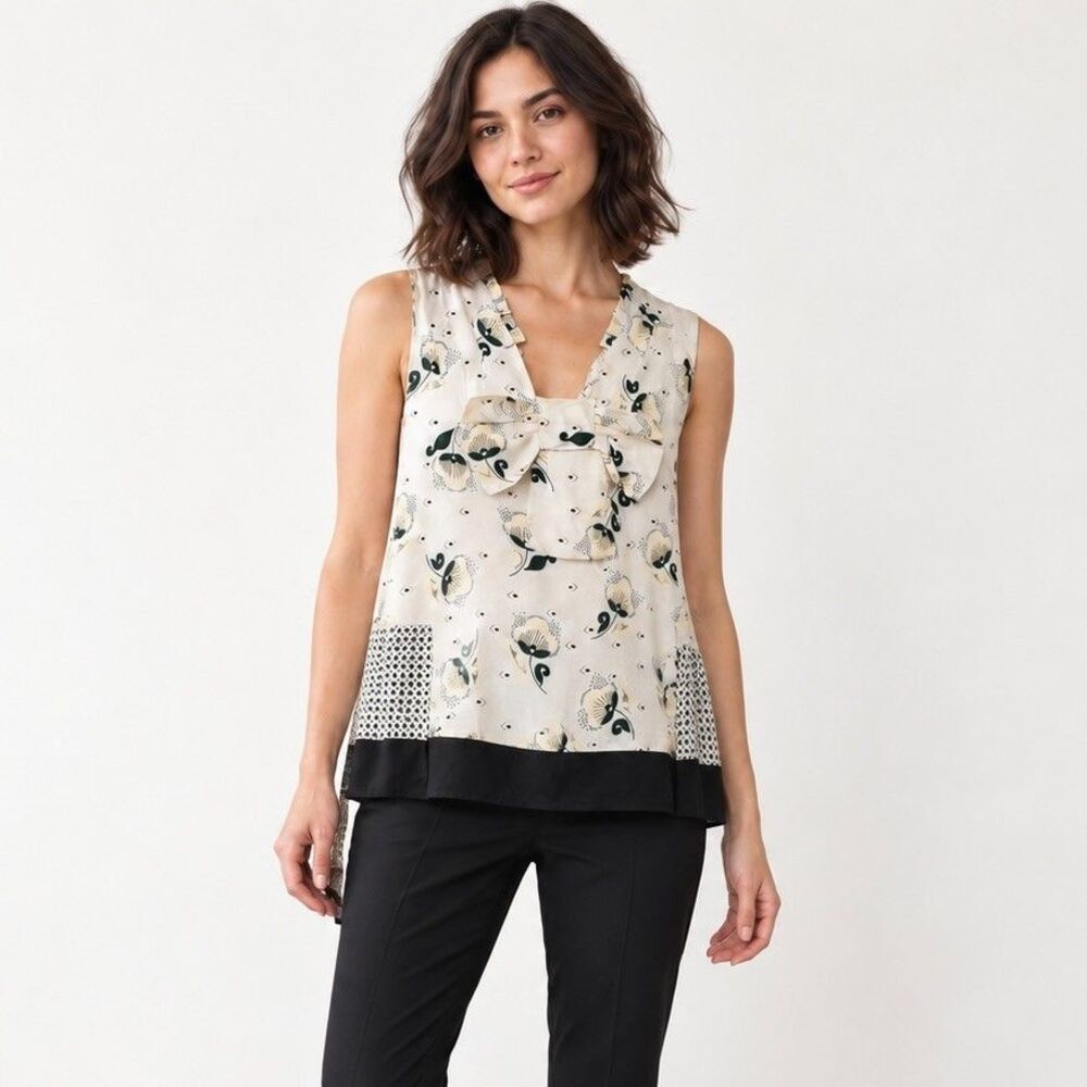Marni Floral Polka Dot Silky Blouse Bow Neckline Sleeveless Top Sz 40 US S Mod